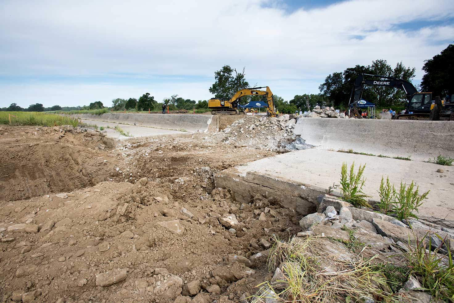 Photo 2: Demolition of the old fish ladder at the Fremont Weir began May 29, 2018. Photo courtesy of Department of Water Resources (Kelly M. Grow)