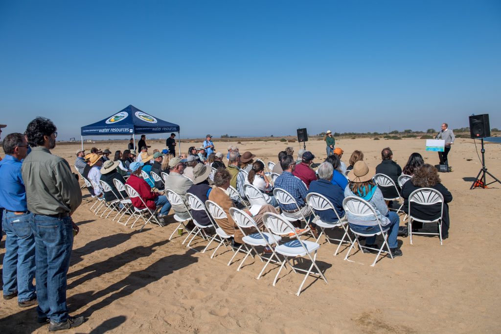 Kristopher A. Tjernell California Department of Water Resources Deputy Director of the Integrated Watershed Management Program, addresses the attendees at the Groundbreaking of The Dutch Slough Tidal Restoration Project at a stretch of land just east of Oakley, California in Contra Costa County. (Photo courtesy of the CA Department of Water Resources)