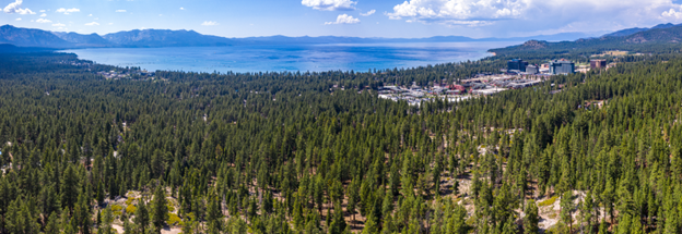 Aerial photo of south Lake Tahoe forested community.