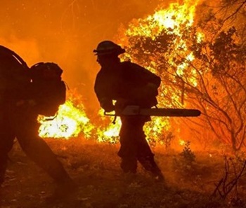 San Diego Corpsmembers hustle along the fire line near Sly Park in El Dorado County as they help protect structures from the approaching Caldor Fire.