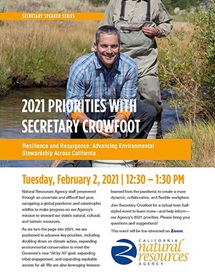 Image of Secretary Crowfoot kneeling in front of a bucket cupping his hands. There is a stream behind him. The image is of an invite for a Secretary Speaker Series event on February 2, 2021. 