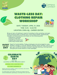 Waste-Less Day flyer for a Clothing Repair Workshop on Tuesday, April 21, 2026.