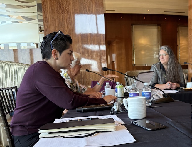 Tribal Historic Preservation Officer consultation meeting with participants seated at a table, speaking into microphones and reviewing documents.