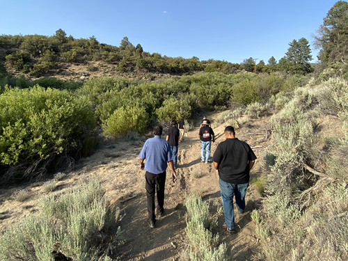 Group of people walking up a dirt trail through dry, shrub-covered hills under a clear blue sky.