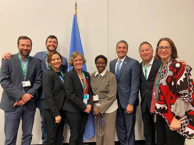 Members of California’s delegation to COP 15 (left to right: State Senator Ben Allen, Ocean Protection Council Senior Biodiversity Program Manager and Tribal Liaison Mike Esgro, Acting Deputy Secretary for Oceans and Coastal Policy/Acting Ocean Protection Council Executive Director Jenn Eckerle, Deputy Secretary for Biodiversity and Habitat Dr. Jennifer Norris, California Secretary for Natural Resources Wade Crowfoot, State Assemblymember Phil Ting, and State Assemblymember Laura Friedman) meet with Executive Secretary of the UN Convention on Biological Diversity Elizabeth Maruma Mrema (center).