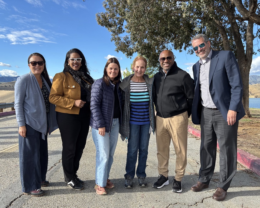 From left, California Water Commissioners Sandra Matsumoto, Davina Hurt, Kim Gallagher, Fern Steiner, Ty Bland, and Alex Makler at Castaic Lake on November 19, 2025.