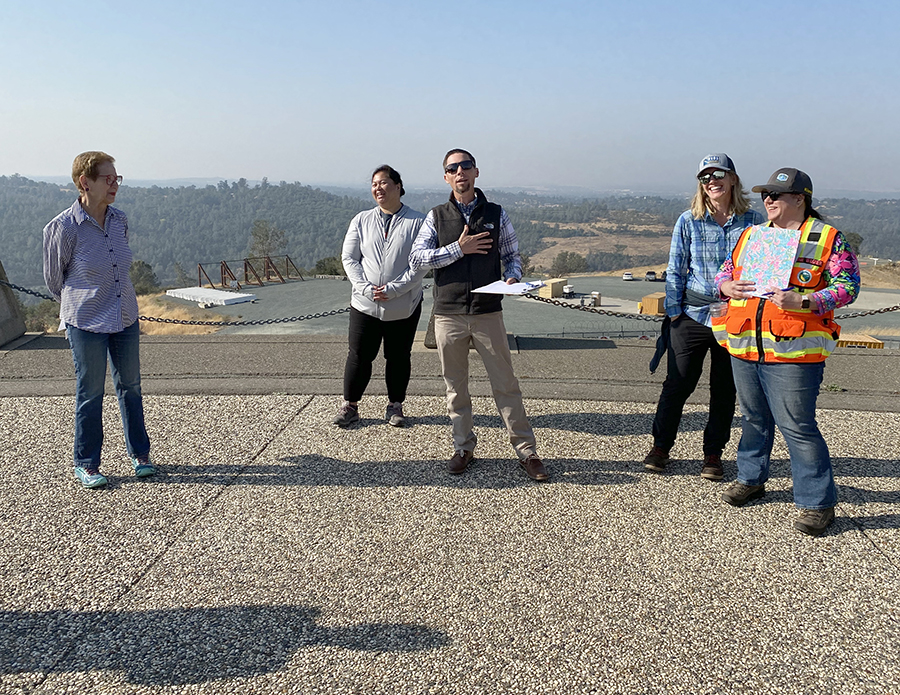 From left, California Water Commission Vice-chair Fern Steiner, Environmental Relicensing Coordinator Lisa Lee, Department of Water Resources Engineering Branch Manager Scott Turnquist, Senior Environmental Scientist and Specialist, Sabrina Bell, and SWP Technical Advisor Annie Wagner on the Oroville Dam during the September meeting of the California Water Commission.