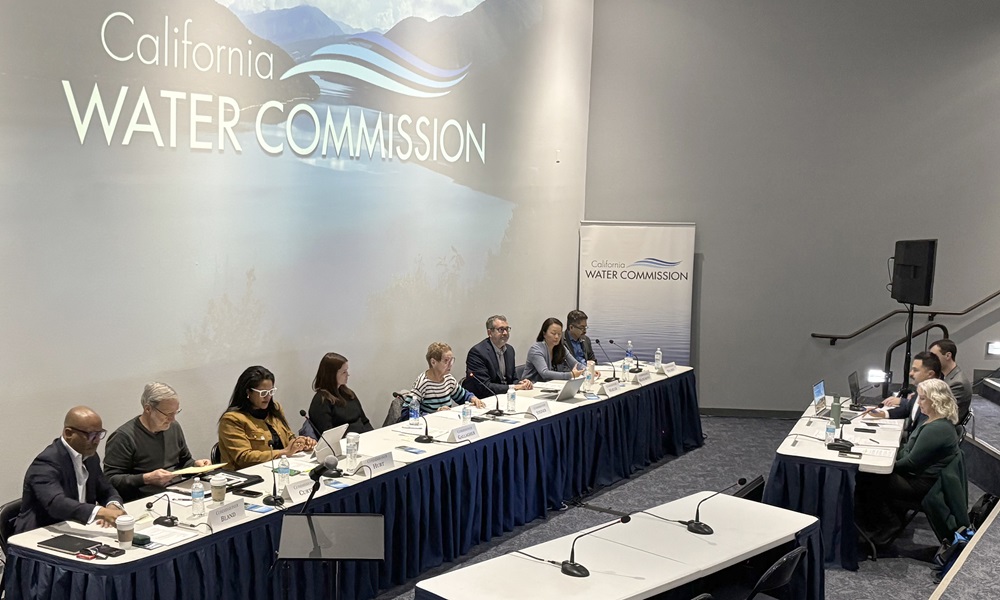 The California Water Commissioner held its November 2025 meeting in the Vista del Lago Visitors Center in Gorman, Calif. Seated on the dais, from left, Commissioners Ty Bland, Dan Curtin Davina Hurt, Kim Gallagher, Fern Steiner, Alex Makler, Sandi Matsumoto, and Jose Solorio. Seated at the table on right, Executive Officer Laura Jensen, Commission Counsel Anthony Austin, and Commission Meeting Coordinator Aaron Walters.