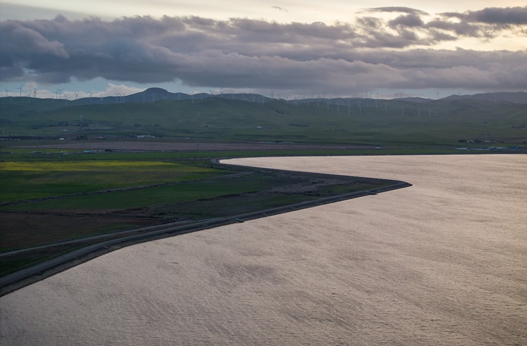 A drone view at dusk shows Clifton Court Forebay, which is managed by the California Department of Water Resources, at the southwestern edge of the Sacramento-San Joaquin Delta in Contra Costa County. Photo taken March 3, 2025.