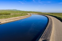 A north-facing drone view of the California Aqueduct near Crows Landing, located in Stanislaus County. Photo taken March 9, 2026.