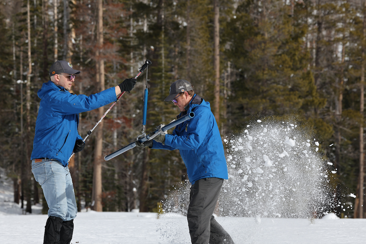 DWR staff conducting the first snow survey of the season at Phillips Station. Photo taken Dec. 30, 2025