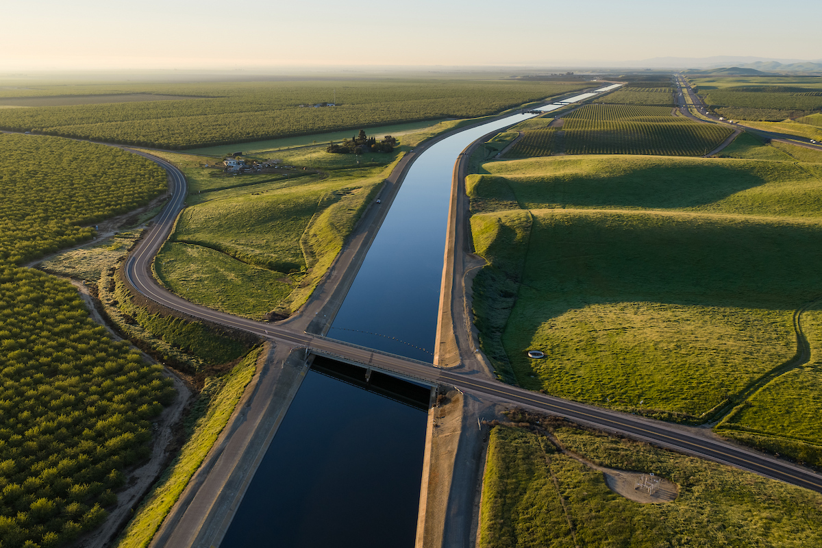 A south-facing drone view of the California Aqueduct near Crows Landing, located in Stanislaus County. Photo taken March 9, 2026.
