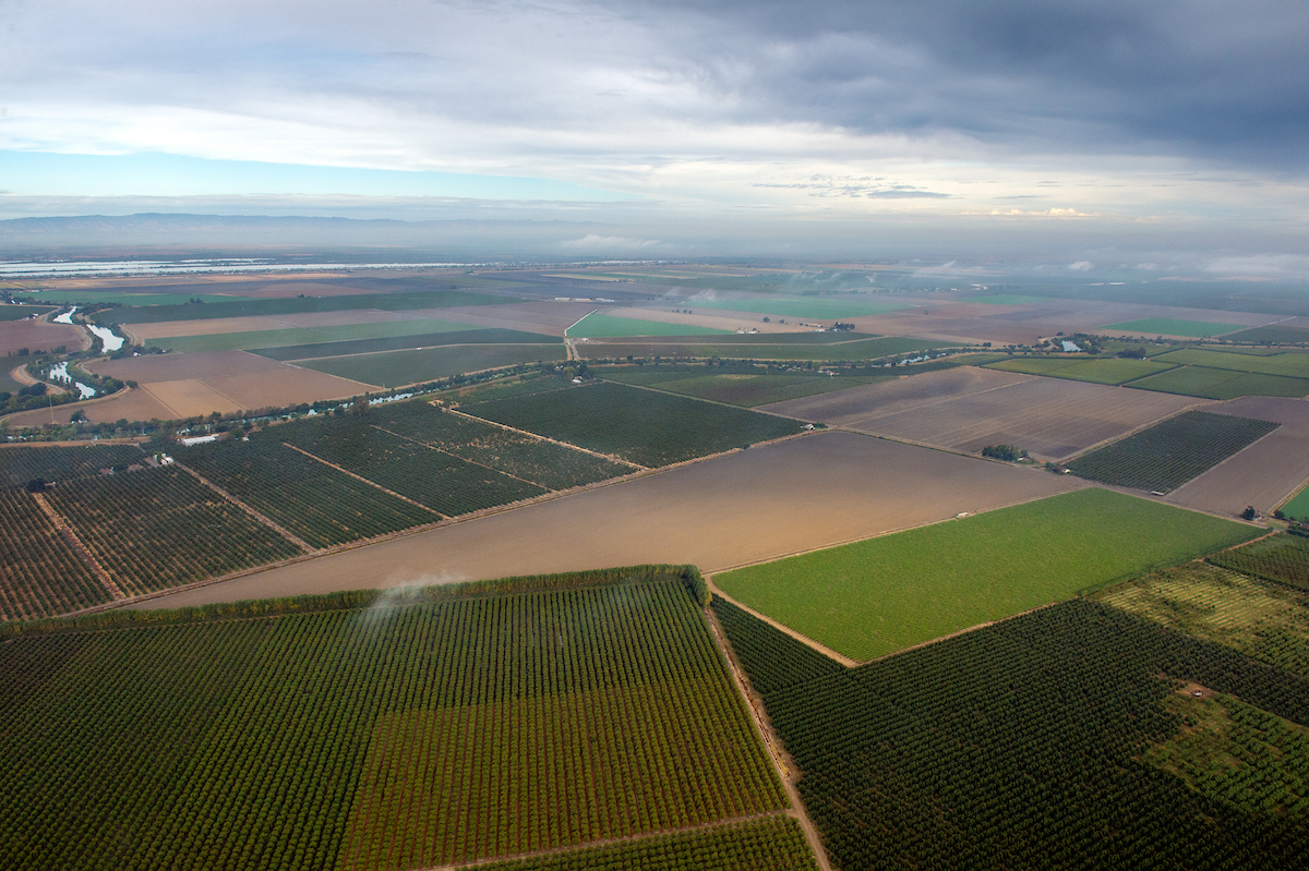 Aerial view of farmland and waterways in the Sacramento Valley in Northern California. Photo taken October 1, 2015.