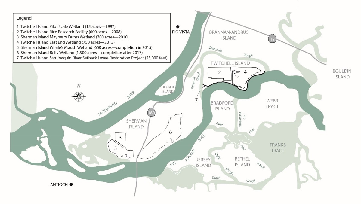 Map showing the locations of carbon sequestration and wildlife habitat projects on Twitchell and Sherman Islands in the Sacramento-San Joaquin River. For more information about the projects, please contact Bryan Brock by email at flood@water.ca.gov. 