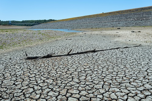 image of dry conditions in the area of Lake Mendocino in Mendocino County following two critically dry years.