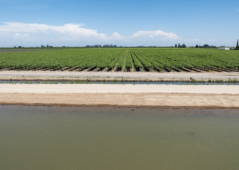 A drone photo of water diverted onto a newly constructed groundwater recharge basin at Mountain View and Temperance near Selma in Fresno County, California. Photo taken May 13, 2024.