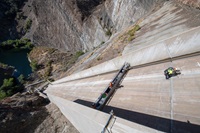 The California Department of Water Resources assesses the gated and emergency spillway for the Pyramid Dam Modernization project in Los Angeles County, California. Photo taken October 15, 2019.