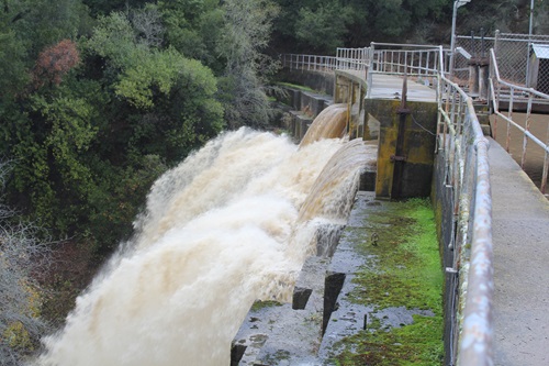 Water flowing through the spillway bays and down the face of the Searsville Dam after a storm on Nov. 30, 2012. Photo courtesy of Stanford University. 
