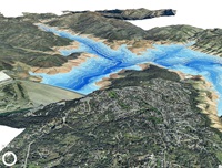 LiDAR (Light Detection and Ranging) laser and multibeam-sonar bathymetry systems combined to map the terrain of Lake Oroville above and below the water’s surface. Bathymetric sonar data illustrates the depth of Lake Oroville at various locations with the darkest blue indicating the deepest areas of the reservoir. 