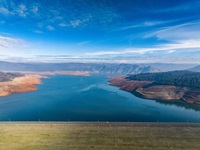 An image taken with a drone shows low water conditions at Oroville Dam located at Lake Oroville in Butte County, California. Photo taken December 21, 2022. 