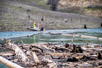 Driftwood is collected and towed in pods with boats throughout Lake Oroville in Butte County, California. Photo taken March 7, 2023.