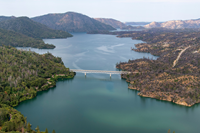 An aerial view shows high water conditions at Enterprise Bridge located at Lake Oroville in Butte County, California. Photo taken June 12, 2023.
