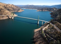 A drone view of water levels at the Bidwell Bar Bridge located at Lake Oroville in Butte County, California. Photo taken October 2, 2023.