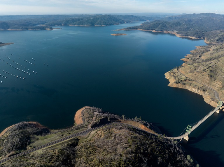A drone view of water levels at the Bidwell Bar Bridge located at Lake Oroville in Butte County, California. On this date, the water storage was 2,707,699 acre-feet (AF), 77 percent of the total capacity. Photo taken January 30, 2024.