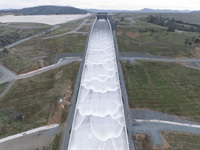The California Department of Water Resources begins the first 2024 water release from the Lake Oroville flood control gates down the main spillway in Butte County, California. Main spillway releases will continue to manage lake levels in anticipation of rain and snowmelt. Photo taken January 31, 2024.