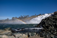 A rainbow forms as water flows over the four energy dissipator blocks of the Lake Oroville main spillway, as the California Department of Water Resources releases water from the Lake Oroville flood control gates down the  main spillway in Butte County, California. Main spillway releases will continue to manage lake levels in anticipation of rain and snowmelt. Photo taken March 7, 2024.