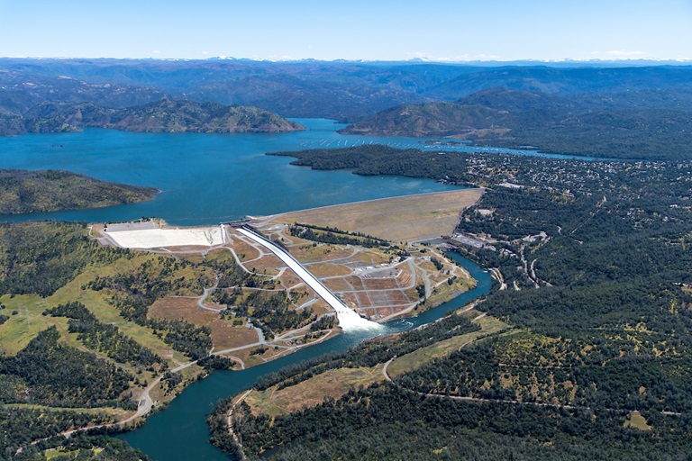 An aerial view shows high water conditions at Oroville Dam located at Lake Oroville in Butte County, California.