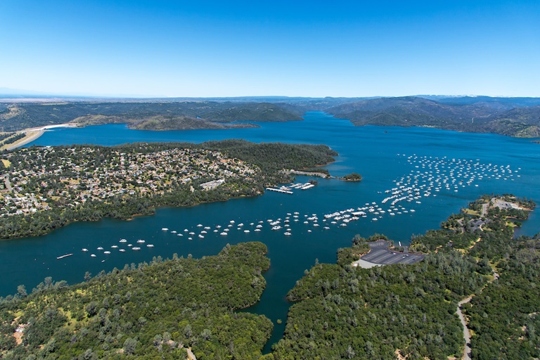 An aerial view shows high water conditions at Bidwell Canyon Marina located at Lake Oroville in Butte County, California. 