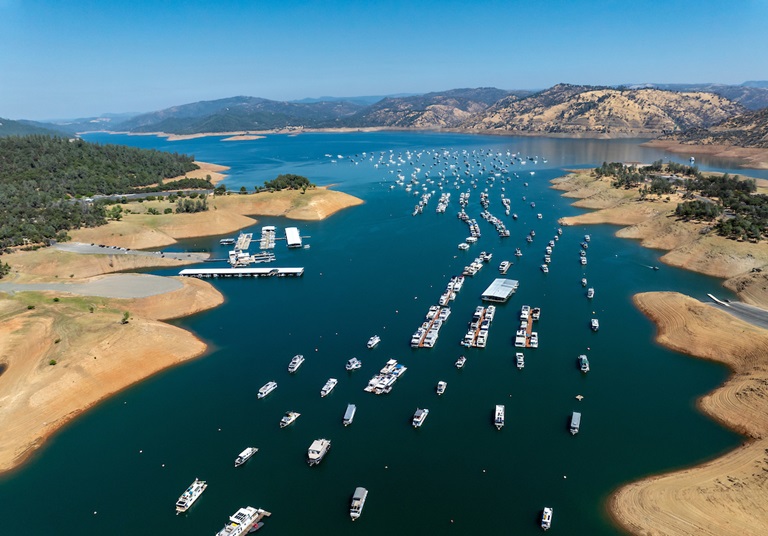 A drone view of houseboats at Bidwell Canyon Marina on Lake Oroville in Butte County, California.  On this date, the water storage was 2,243,714 acre-feet (AF), 66 percent of the total capacity. Photo taken September 5, 2024.