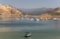 A view of Lake Oroville, with Bidwell Canyon Marina and Bidwell Bar Bridge in the background, in Butte County, California.