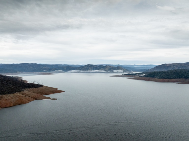 A drone view of water levels near the  Oroville Dam at Lake Oroville, in Butte County, California. Photo taken December 20, 2024.
