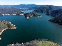 A drone view of Middle Fork and South Fork of the Feather River just north of Bidwell Bar Bridge, at Lake Oroville in Butte County, California. Photo taken March 11, 2025.