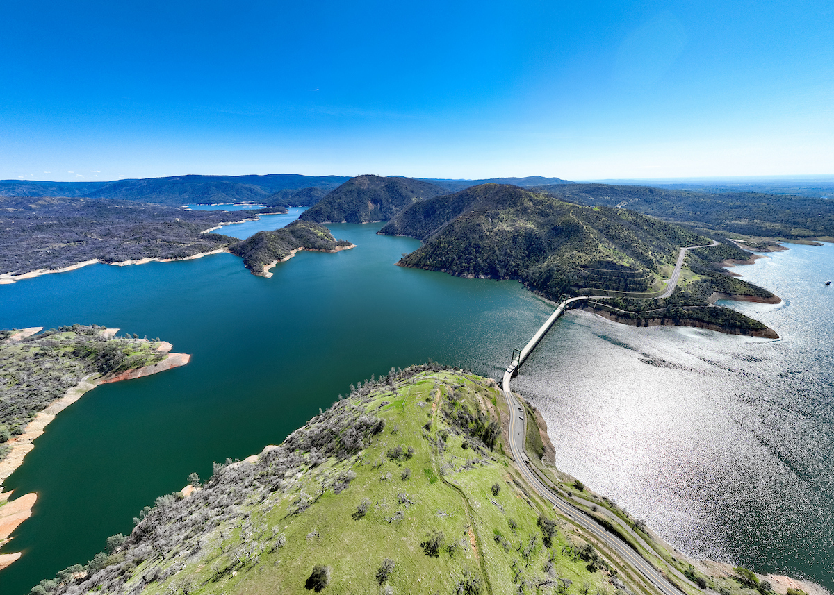A panorama drone view of Middle Fork and South Fork of the Feather River, and Bidwell Bar Bridge, at Lake Oroville in Butte County, California. Photo taken March 11, 2025.