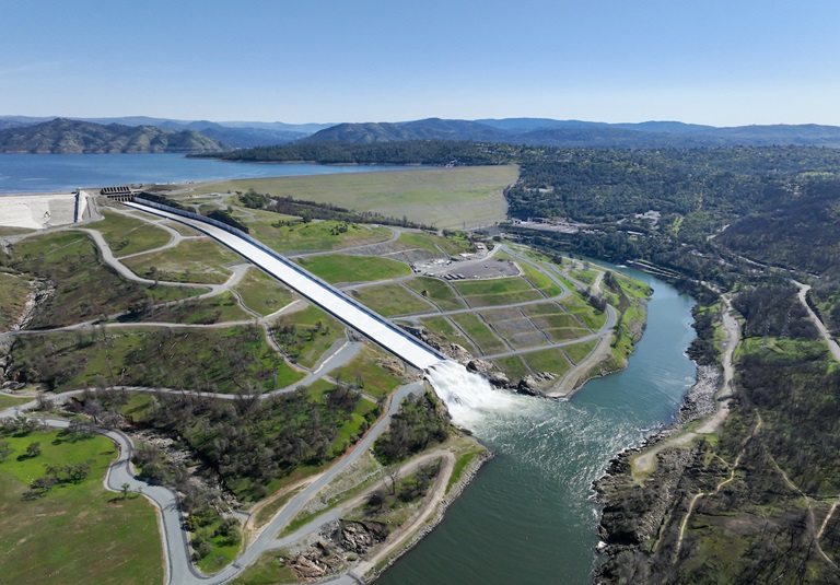 A drone view of Oroville Dam and main spillway at Lake Oroville in Butte County, California.