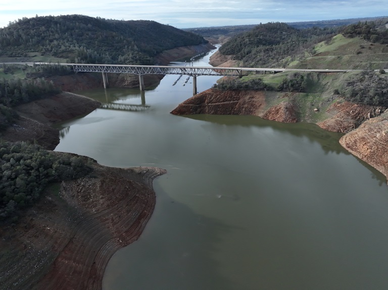 An image taken with a drone shows West Branch Feather River Bridge along Highway 70 located at Lake Oroville in Butte County, California. Taken on January 12, 2023. 