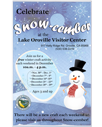 A flyer promoting free winter-themed craft activities at the Lake Oroville Visitor Center each weekend in December. 