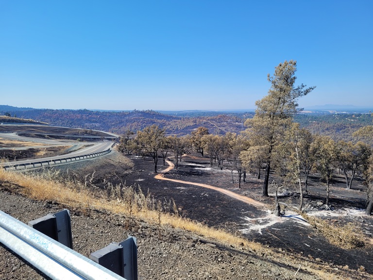 The Thompson Fire burned portions of the Lake Oroville State Recreation Area including the Brad Freeman Bike Trail as seen from the Spillway Day Use Area.