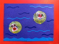 A craft activity features a dog and grasshopper wearing life vests floating down a river on inner tubes.