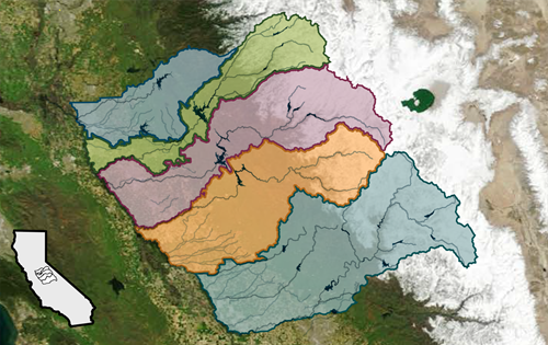Satellite imagery from NOAA's GOES system taken during California's historic 2023 water year showing the Sierra Nevada with colored overlays delineating the five study areas of the San Joaquin Basin Flood MAR Watershed Studies (from north to south: Calaveras, Stanislaus, Tuolumne, Merced, and Upper San Joaquin)