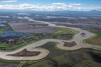An aerial view looks southwest over the White Slough and the Empire Tract in the Sacramento-San Joaquin River Delta in San Joaquin County, California.