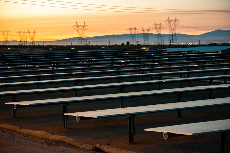 Solar panels produce energy at the Pearblossom Pumping Plant in Pearblossom, California.