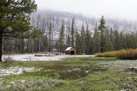 Light snow is seen on the meadow where the California Department of Water Resources prepares to conduct the fourth media snow survey of the 2026 season at Phillips Station in the Sierra Nevada. Photo taken April 1, 2026.