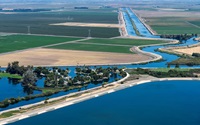 An aerial view shows the two canals, North and Victoria, located in San Joaquin County, California, with part of the State Water Project Clifton Court Forebay located in Contra Costa County.