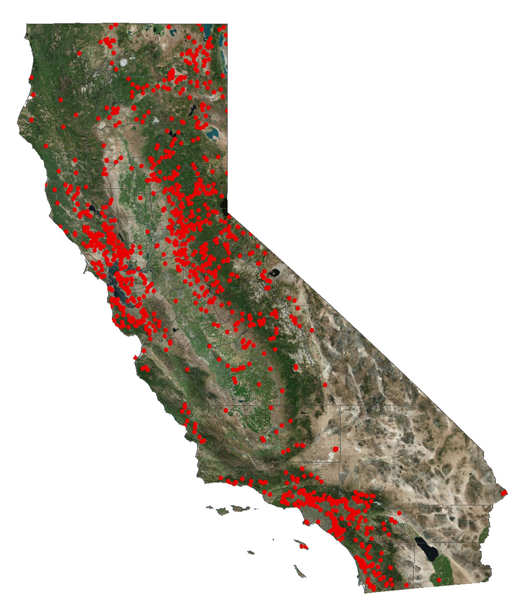 A map of the State of California with red dots marking the location of jurisdictional dams. For additional information, call 916-565-7868