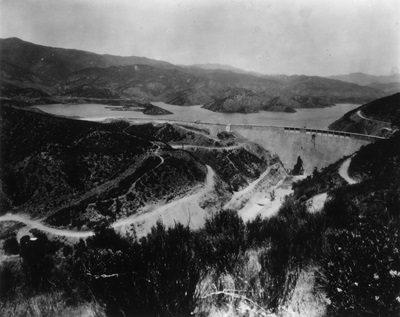 An aerial view of St. Francis Dam impounding water in 1928