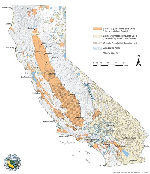This is a map of the State of California displaying the results of the Sustainable Groundwater Management Act (SGMA) 2019 Basin Prioritization Project for each of the state’s 515 groundwater basins. Basins are displayed in four different colors to differentiate a very low-, low-, medium- or high basin priority. A table showing the specific basin prioritization of each basin can be found in the SGMA 2019 Basin Prioritization Process and Results Document. For further information about SGMA 2019 Basin Prioritization or this figure please read the narrative and review the links on the page. If you have questions or need additional assistance please send an email to sgmp@water.ca.gov.   